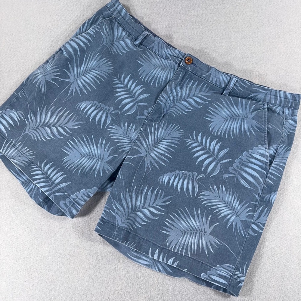 Caribbean Joe Mens 42 Blue Palm Leaf Tropical Flat Front Stretch Shorts